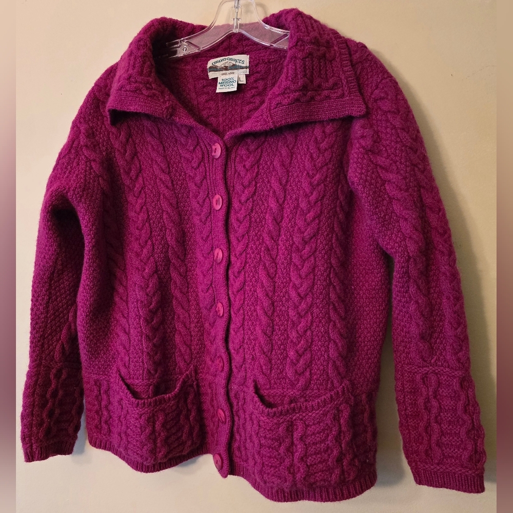 Vintage Women's Aran Crafts Magenta Cardigan Merino Wool Sweater Size Large
